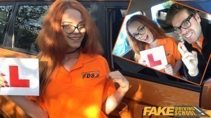 FakeDrivingSchool - Redhead petite teen learner gets fucked in the back of driving instructors car and he cums inside her