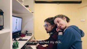 Stepsister seduces a nerd to copy his physics text.