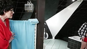 60 Year Old Step Granny Spying On Her Virgin Stepson Surprises Him