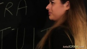 Big Boobs Tutor Teaches Schoolgirls Handjob