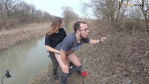 Hiding from cars while fucking with a strapon