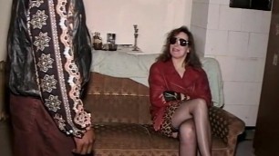 Shy German in black fully fashioned nylons caresses black cock
