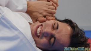 Ebony rides short guy cock during karate class