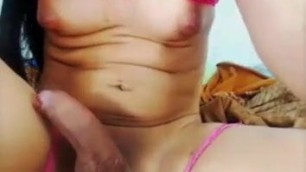 tranny strokes thick dick with dildo in ass
