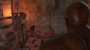 Hot sex! Beast men fuck a sex cuffed slave in restraints in the dark dungeon