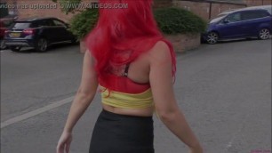 Redhead hotty Roxi Keogh wears a nappy (diaper) underneath her skirt in public Flashes it as she walks down the road!