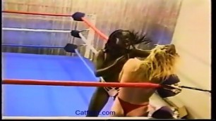 | Topless Interracial Pro Style Wrestling With Body Slams, Flips, Drop Kicks, Scissors, Kicks, Knees